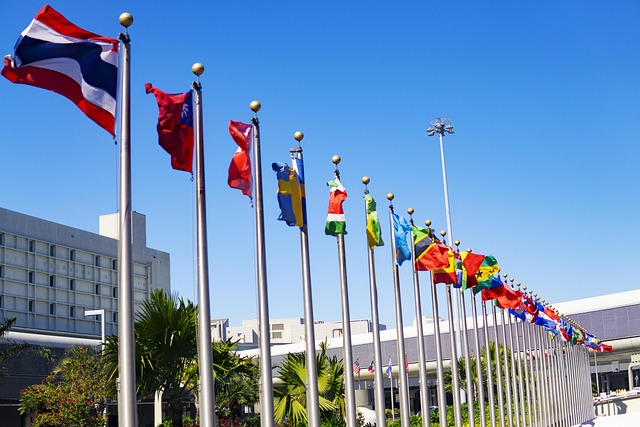 A row of diverse international flags flying under a clear blue sky, symbolizing global communication and multilingual transcription services.
